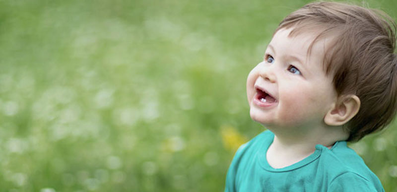 Niño pequeño de pie en un campo de hierba y flores.